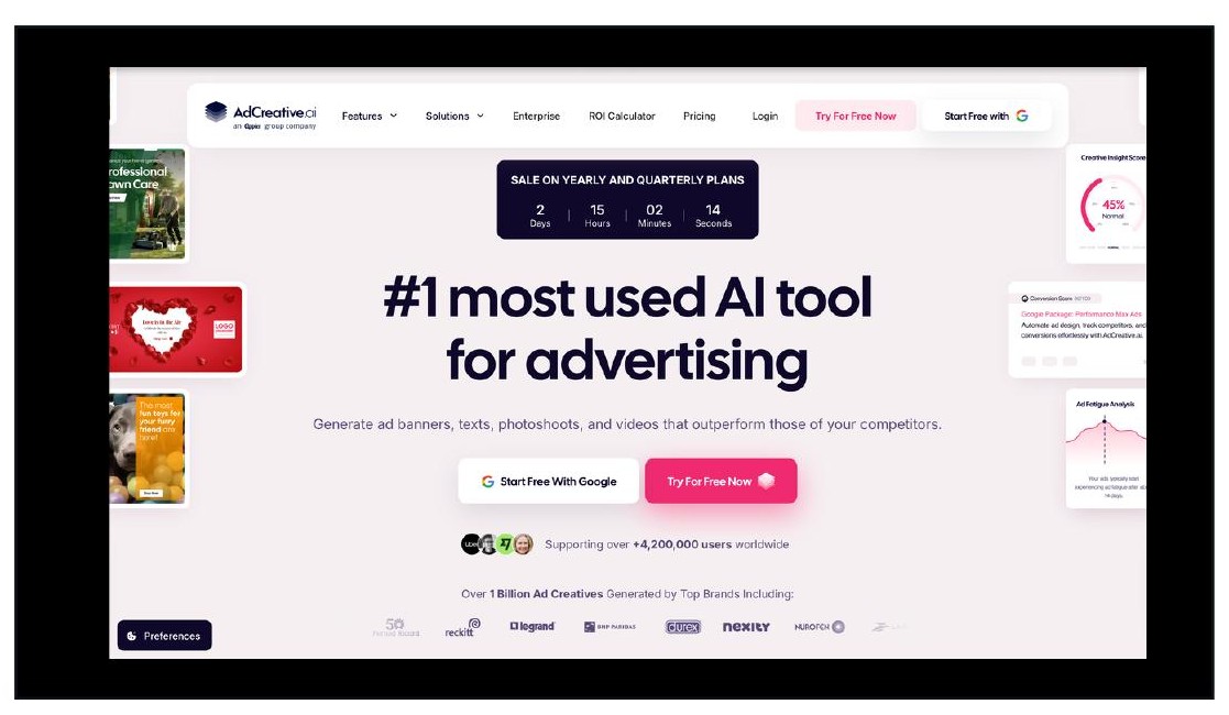 AdCreative.ai homepage screenshot. Hero text reads "#1 most used AI tool for advertising" with surrounding ad creative samples and conversion score widgets.