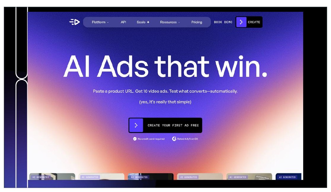 Creatify homepage screenshot. Hero text reads "AI Ads that win." with subtext "Paste a product URL. Get 10 video ads. Test what converts—automatically."