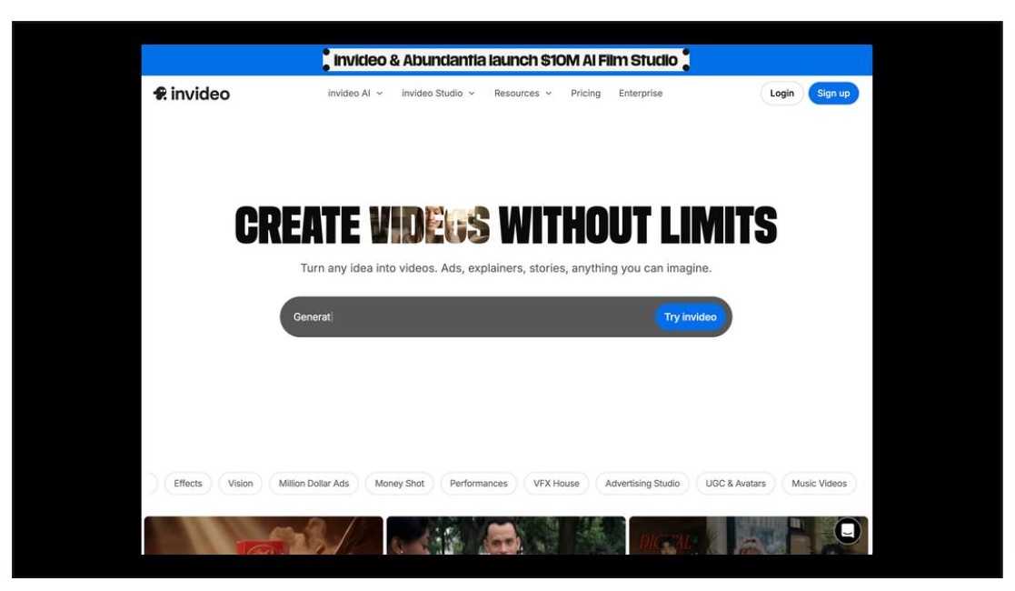 InVideo AI homepage screenshot. Hero text reads "CREATE VIDEOS WITHOUT LIMITS" with subtext "Turn any idea into videos. Ads, explainers, stories, anything you can imagine."