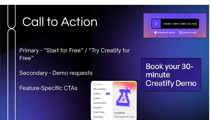 Creatify Call to Action breakdown showing the primary "Create Your First Ad Free" button, secondary "Book Your 30-Minute Creatify Demo" CTA, and feature-specific CTAs for URL to Ad Maker, AI Avatar, and other tools