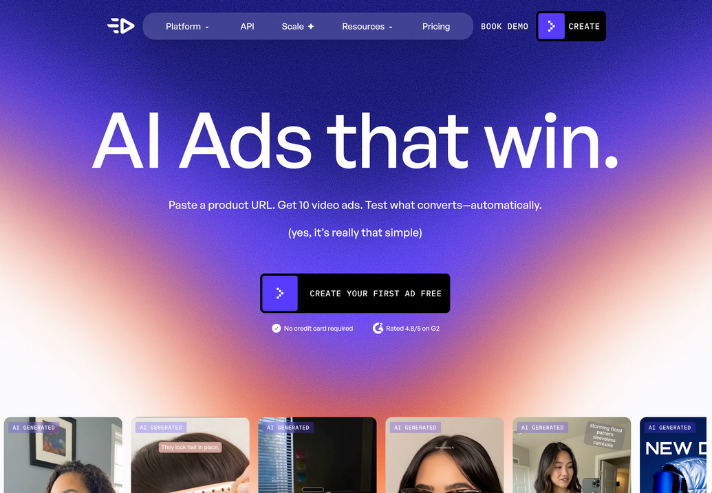 Creatify homepage with the headline "AI Ads that win" and a "Create Your First Ad Free" call to action