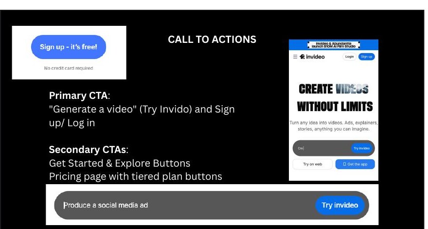 InVideo Call to Actions slide showing primary "Sign up - it's free!" CTA and "Try invideo" generation button alongside the mobile app's "Get the app" path