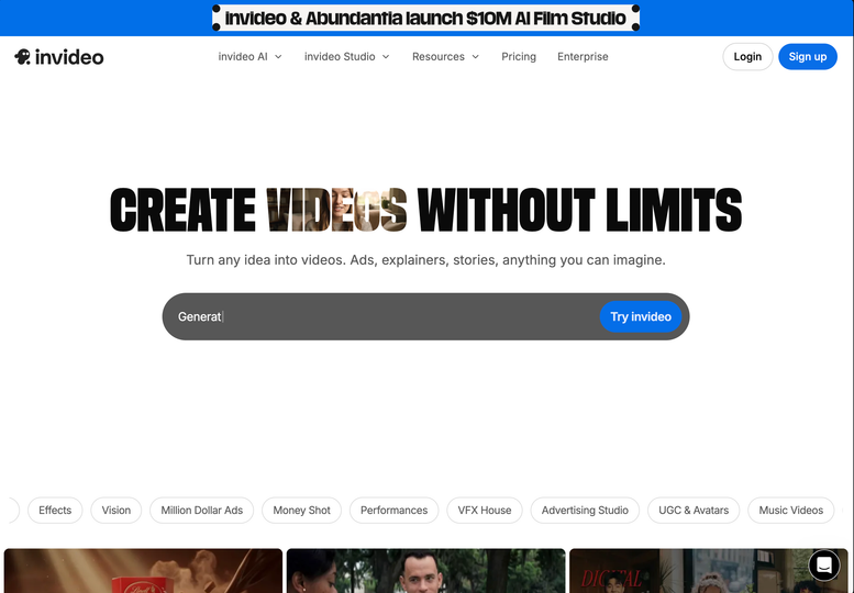 InVideo homepage with the headline "Create Videos Without Limits" and a prompt-style "Try invideo" generator